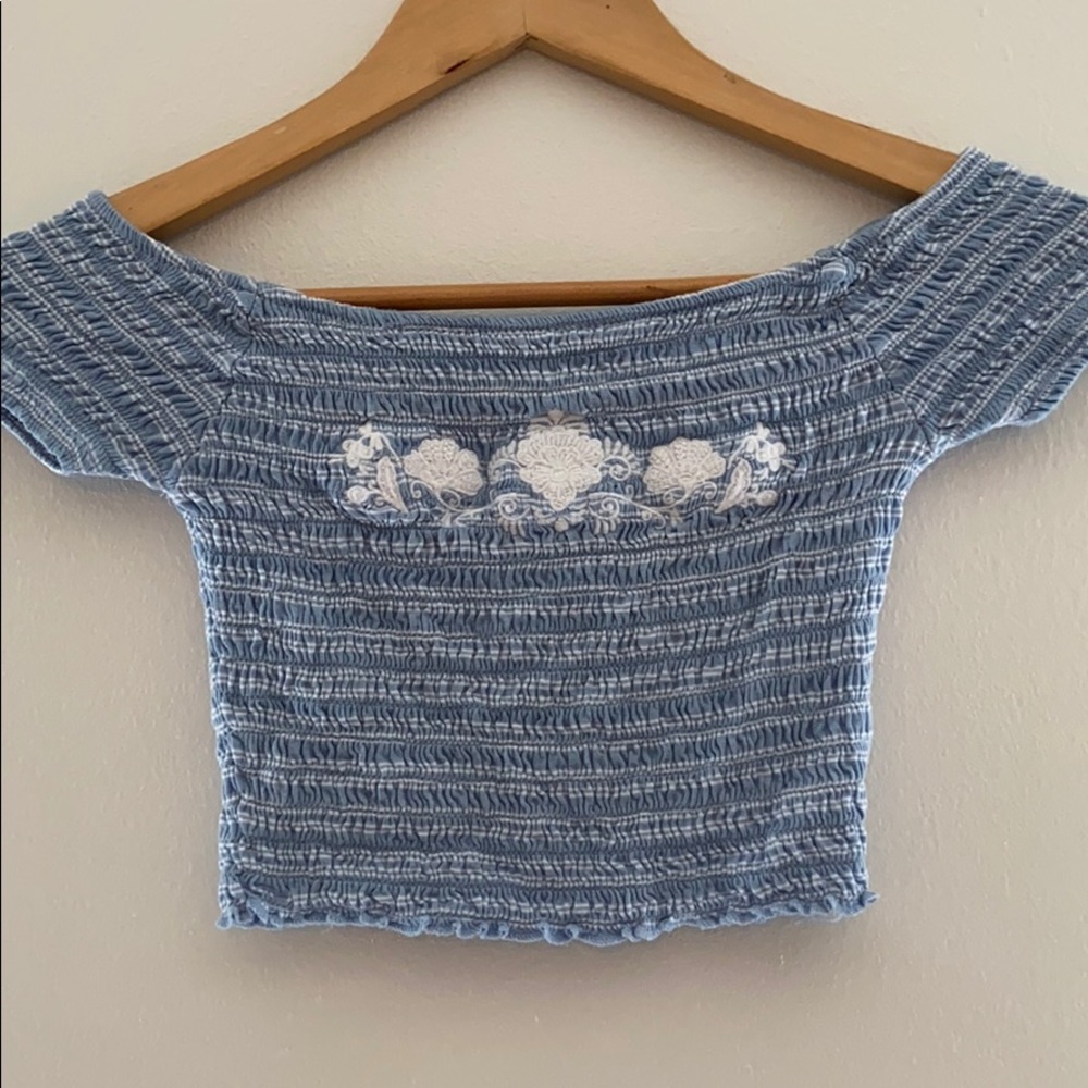 Blue off the shoulder crop top